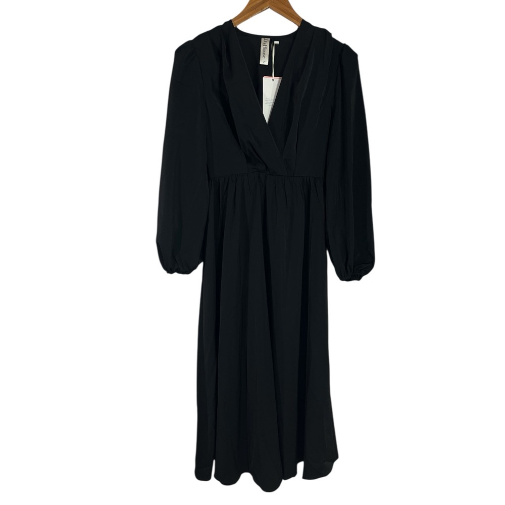 NWT JJ’s House V-Neck Long Sleeve A-line Satin Midi Dress in Black Size Small - Picture 3 of 8